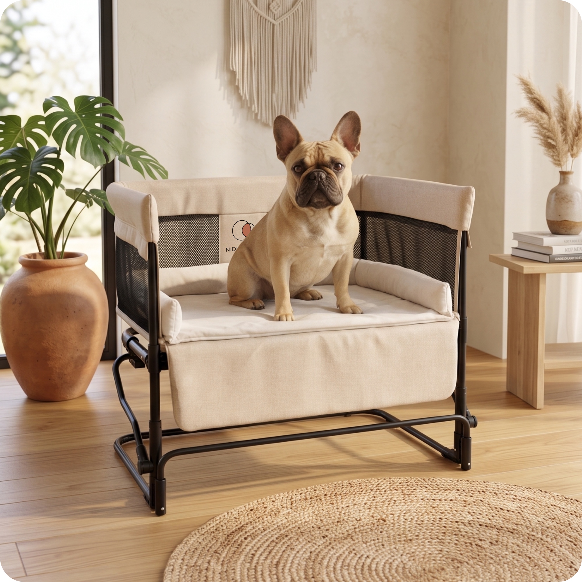 Standalone sofa in a living room with a dog resting inside
